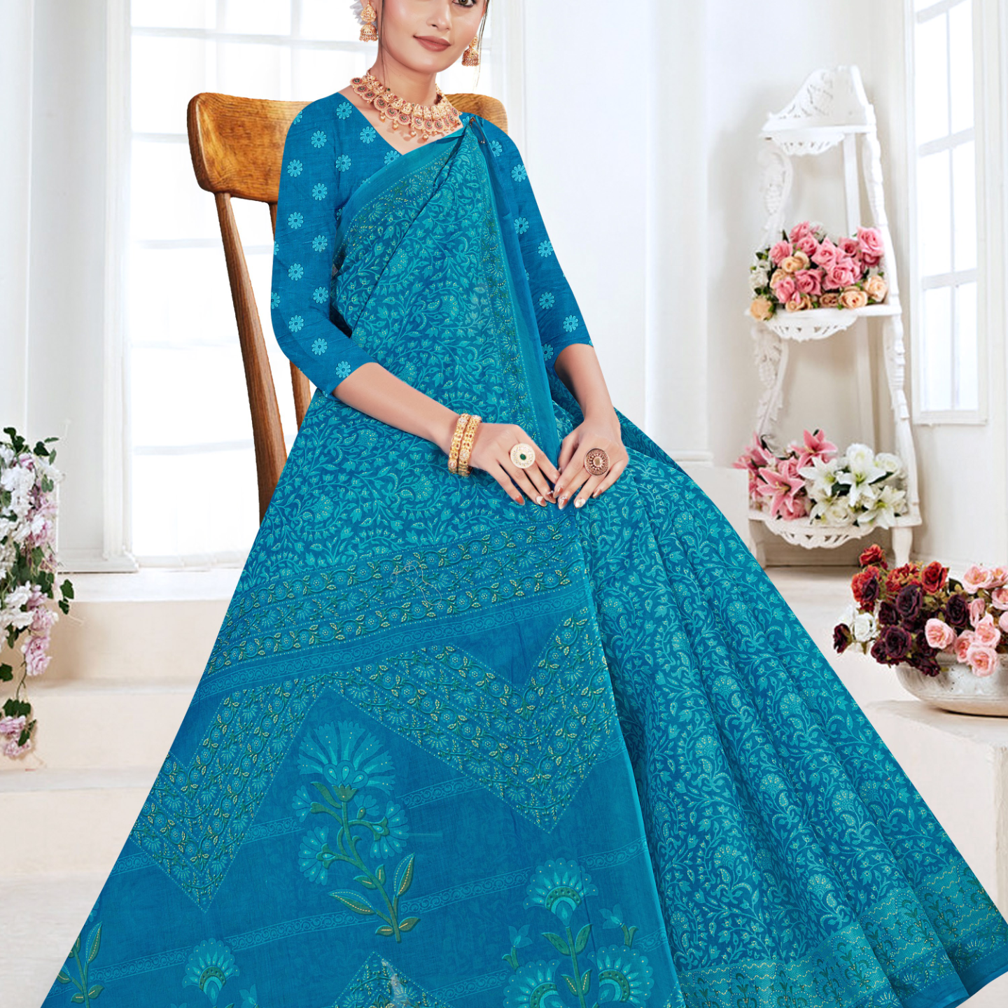 Turquoise Blue cotton saree