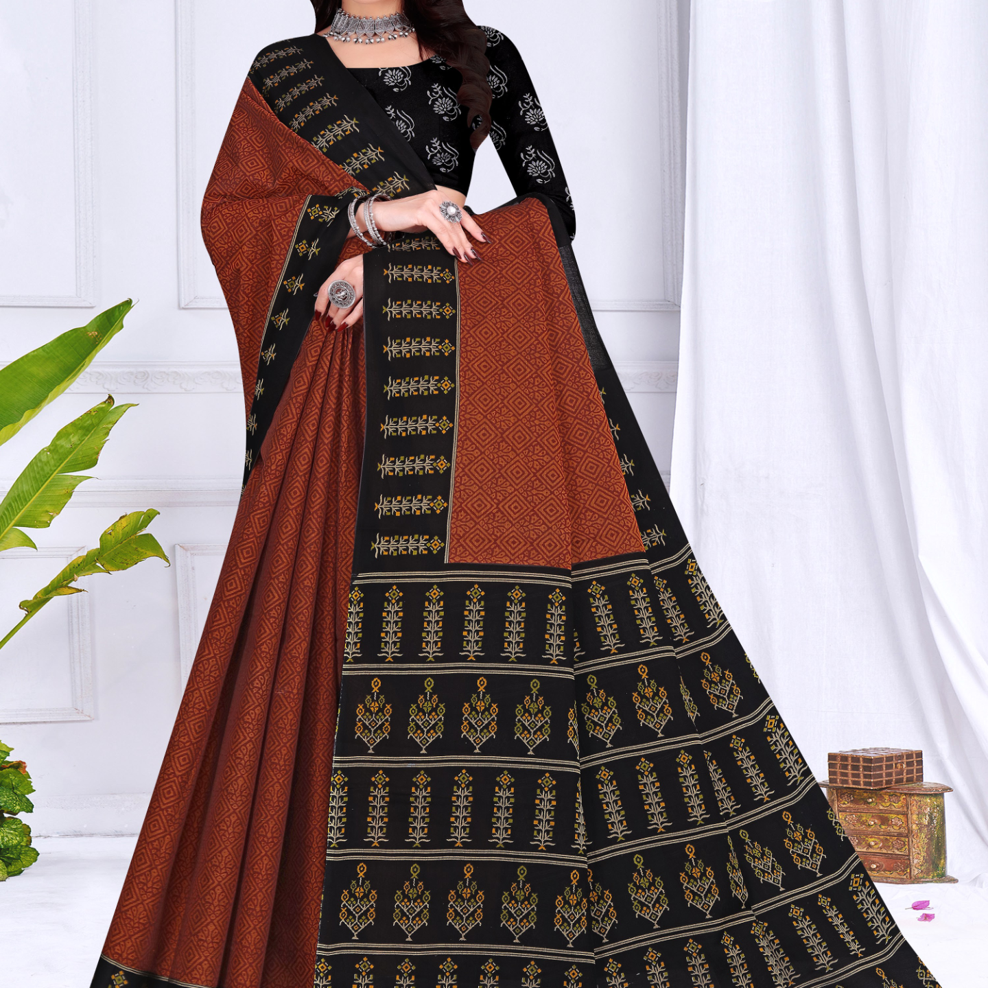 Rust Orange & Black muslin saree