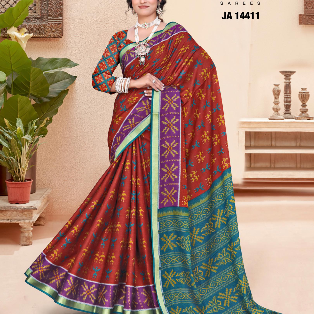 Rust Red & Teal muslin saree [sku:JA-14411]