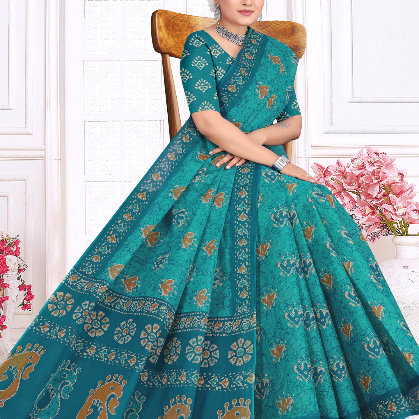 Teal Blue cotton saree [sku:KN-67527]