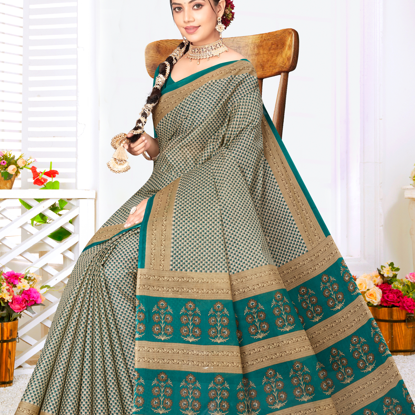 Teal Blue & Beige cotton saree [sku:KN-68769]