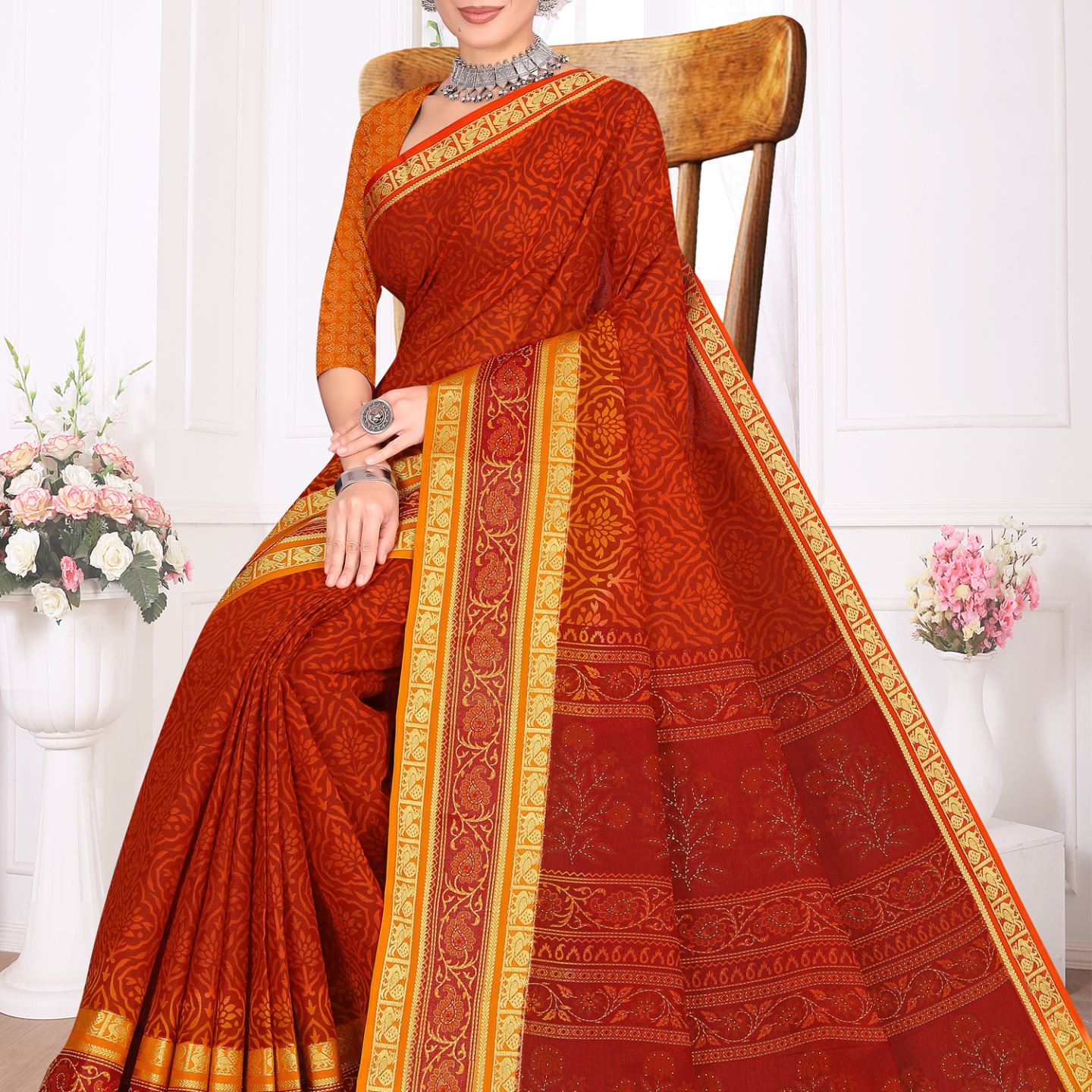 Rust Red and Orange cotton saree
