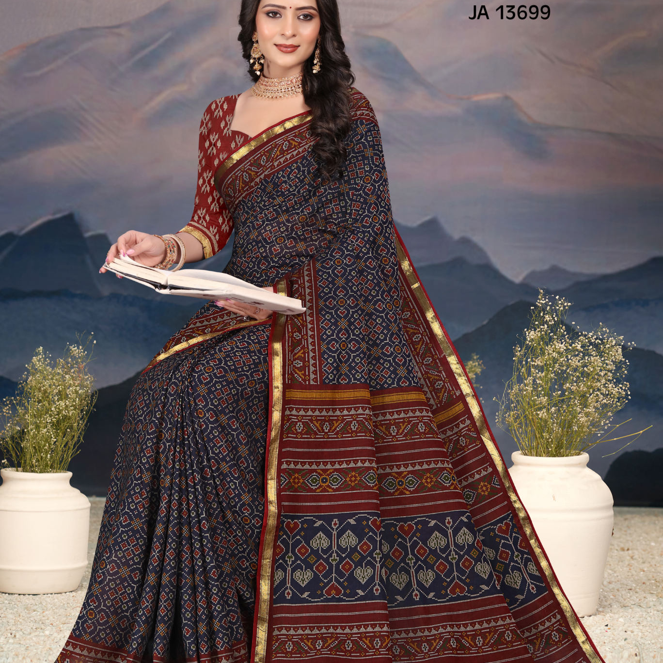 Navy Blue and Red muslin saree [sku:JA 13699]