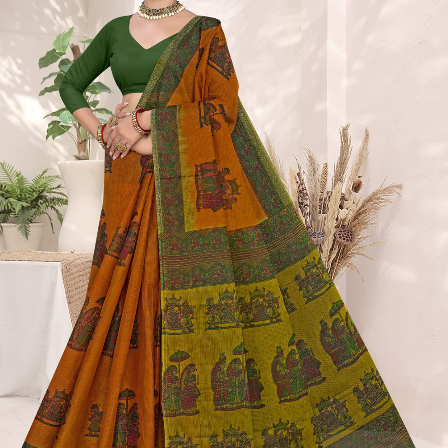 Mustard Orange and Olive cotton saree [sku:BV-24277]