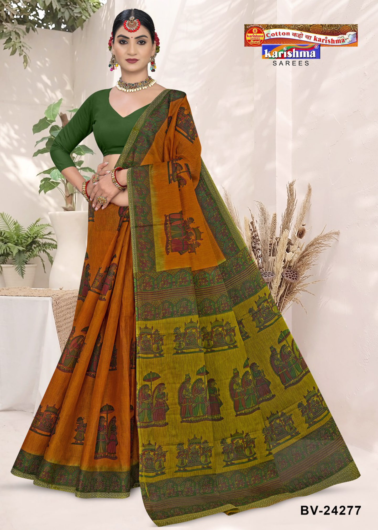 Mustard Orange and Olive cotton saree [sku:BV-24277]