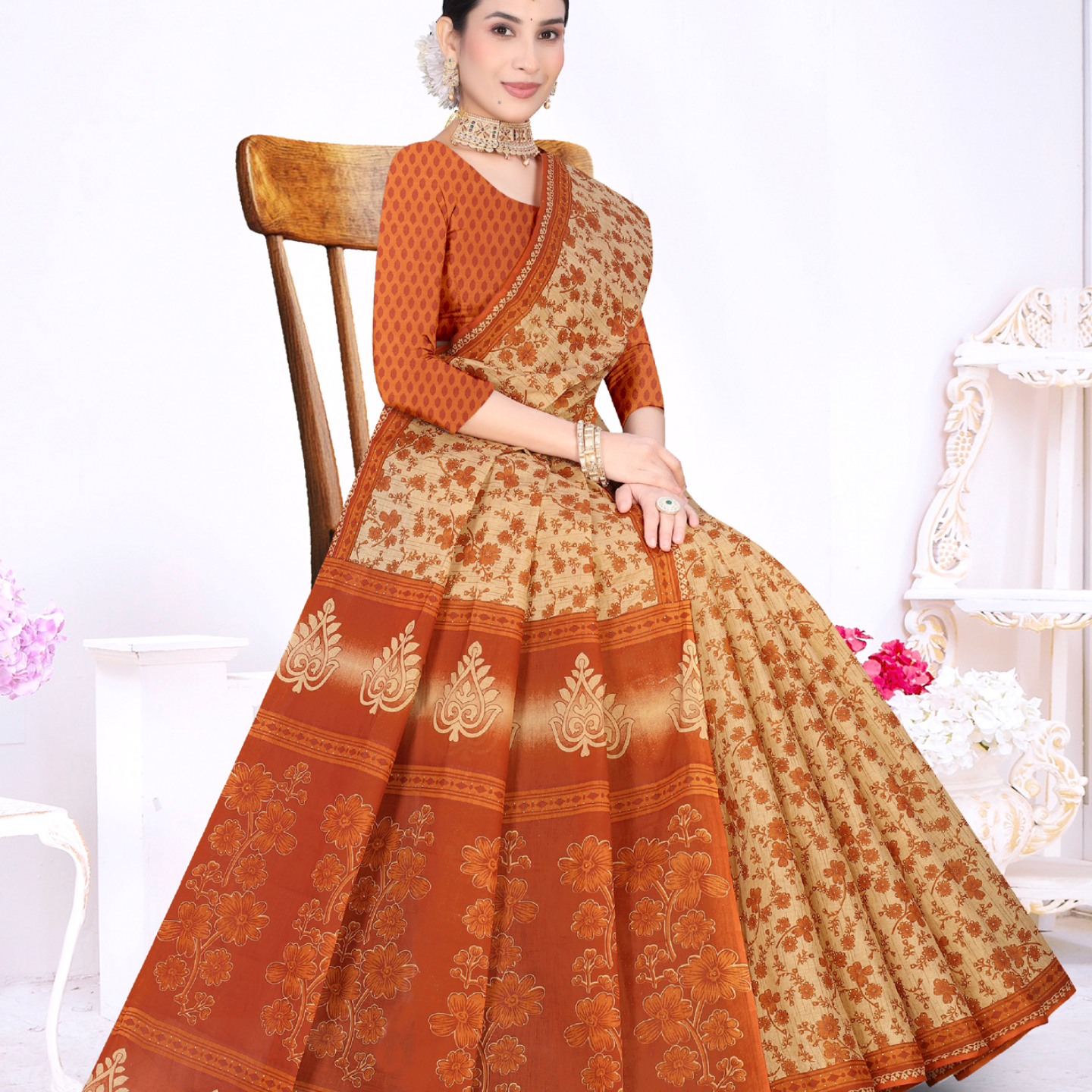 Mustard Yellow & Beige cotton saree [sku:KN-57992]