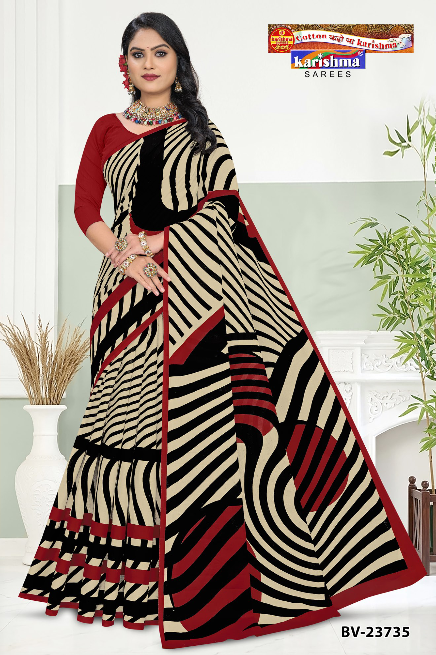 Beige, Black & Red soft cotton saree [sku:BV-23735]