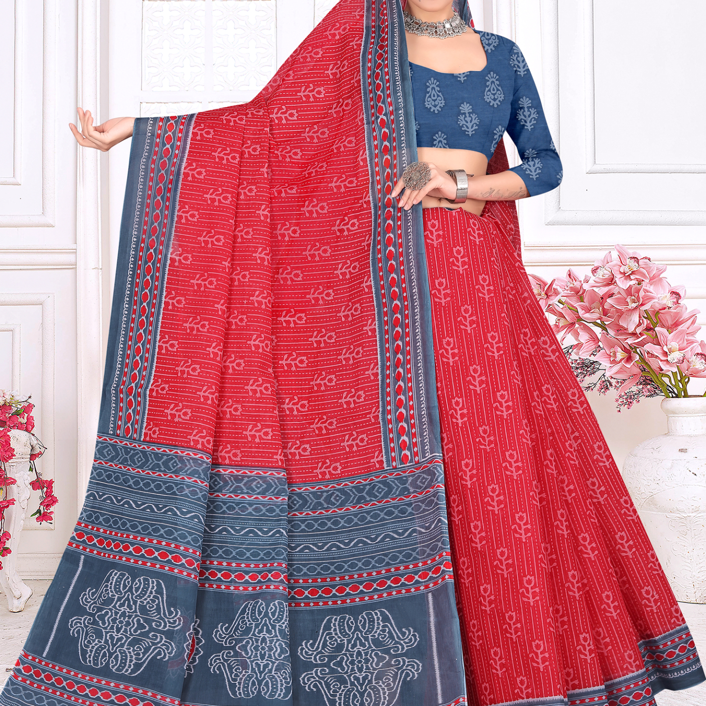 Red & Grey cotton saree [sku:KN-67473]