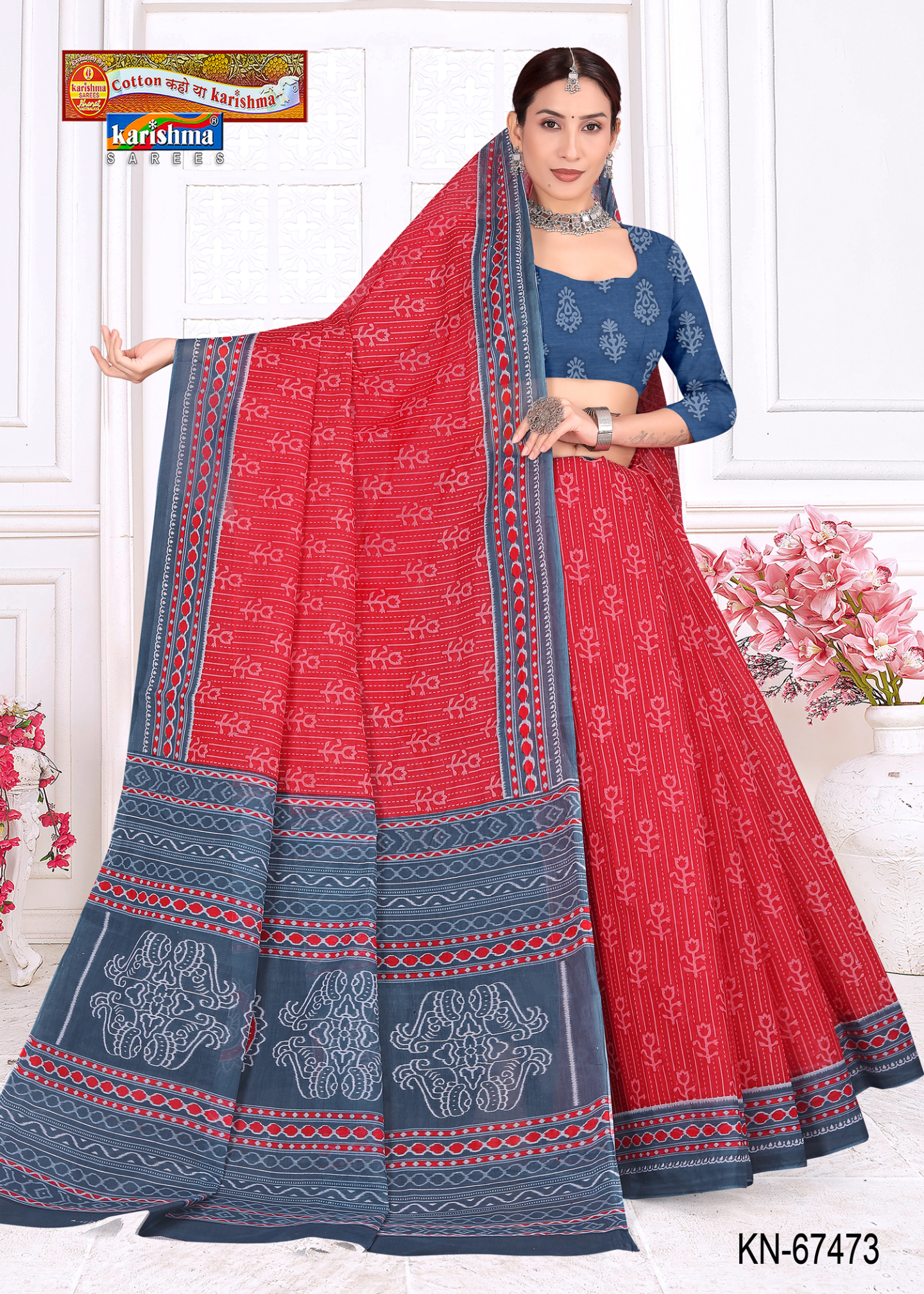 Red & Grey cotton saree [sku:KN-67473]