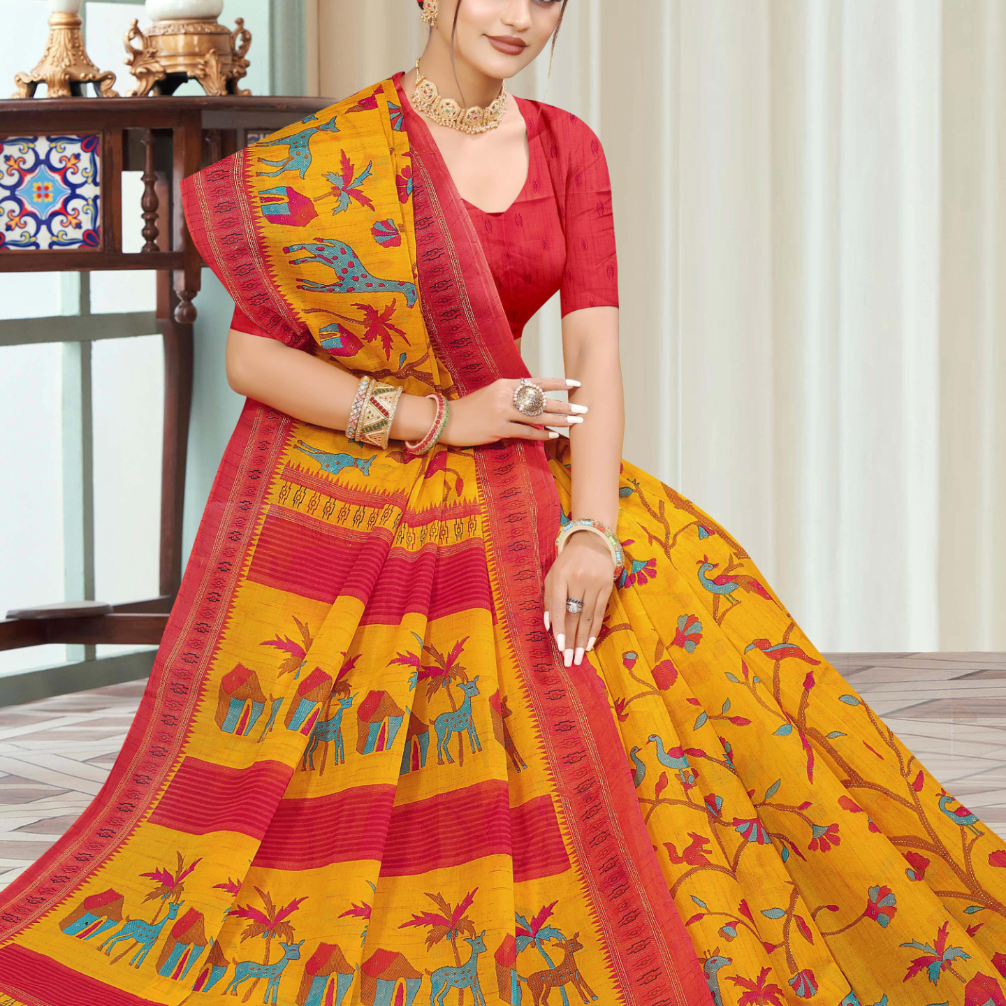 Yellow & Red cotton saree [sku:KN-46867]