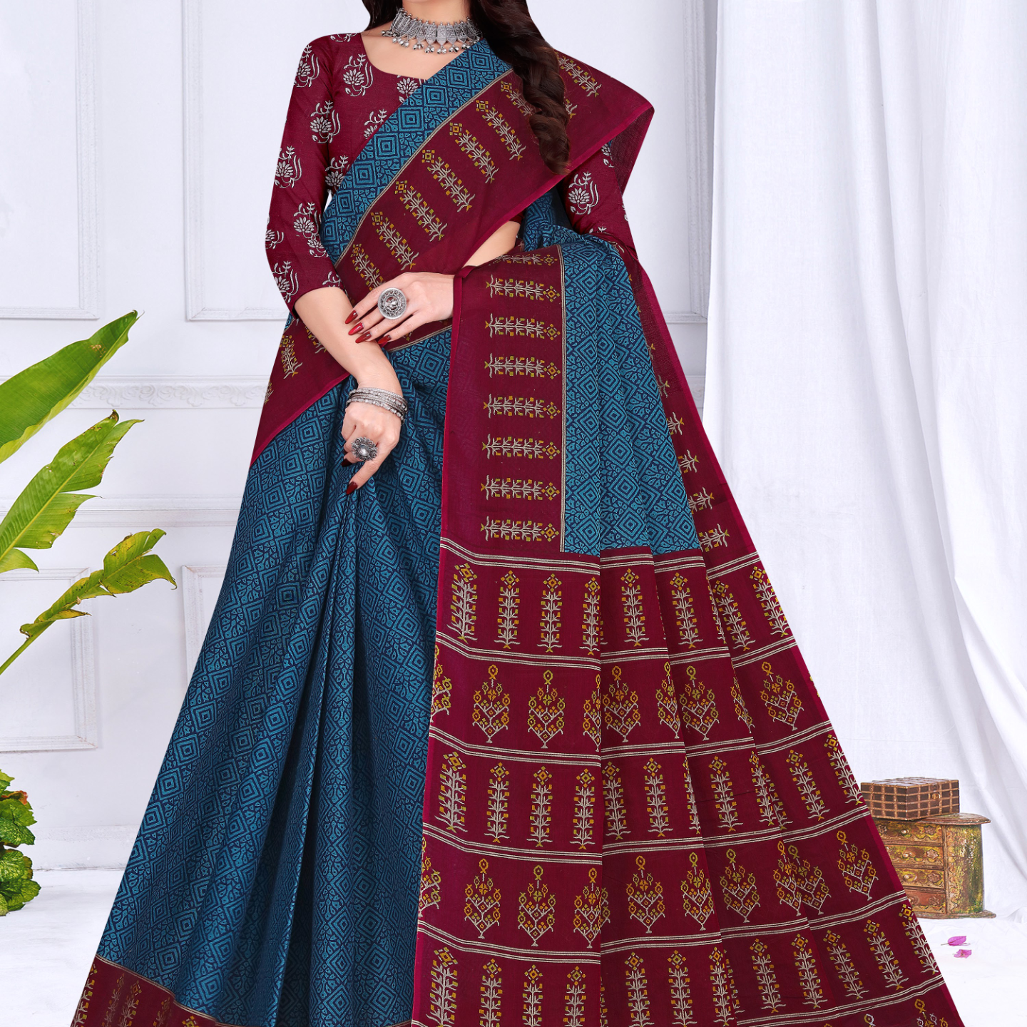 Teal Blue & Maroon muslin saree