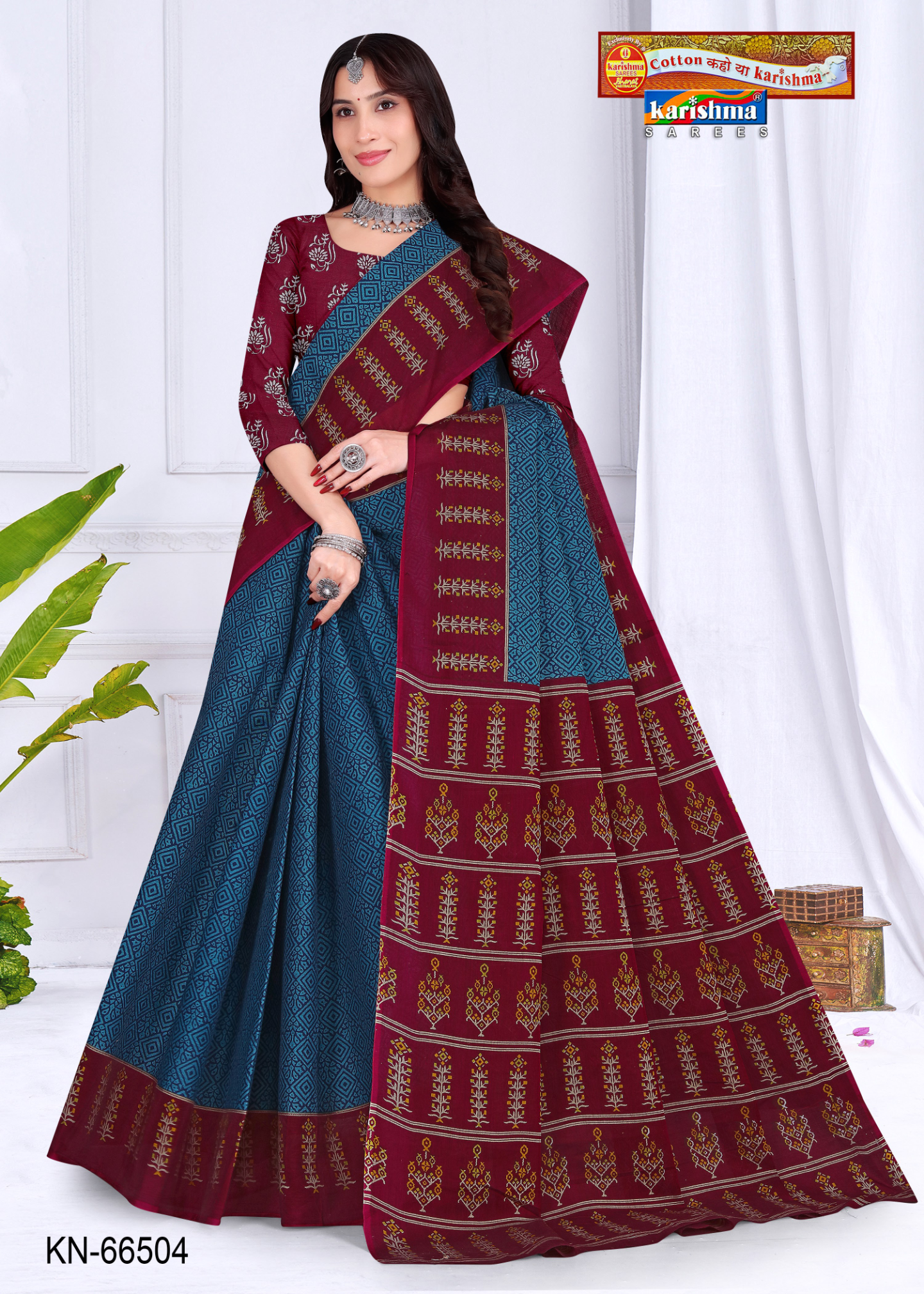 Teal Blue & Maroon muslin saree