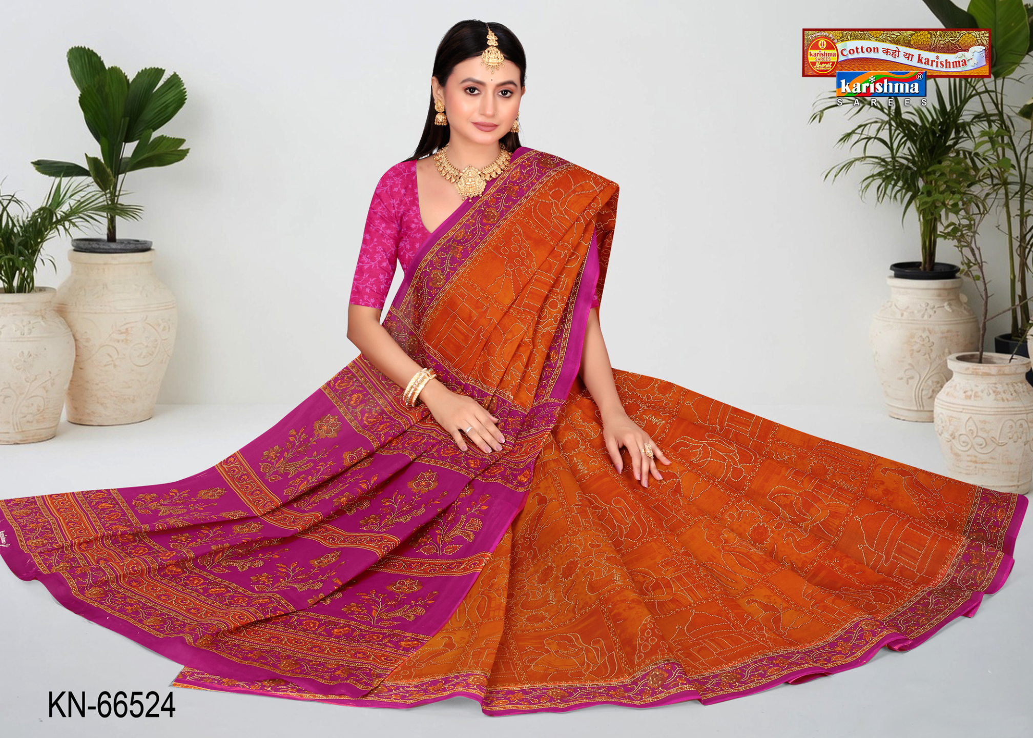 Orange & Purple cotton saree [sku:KN-66524]