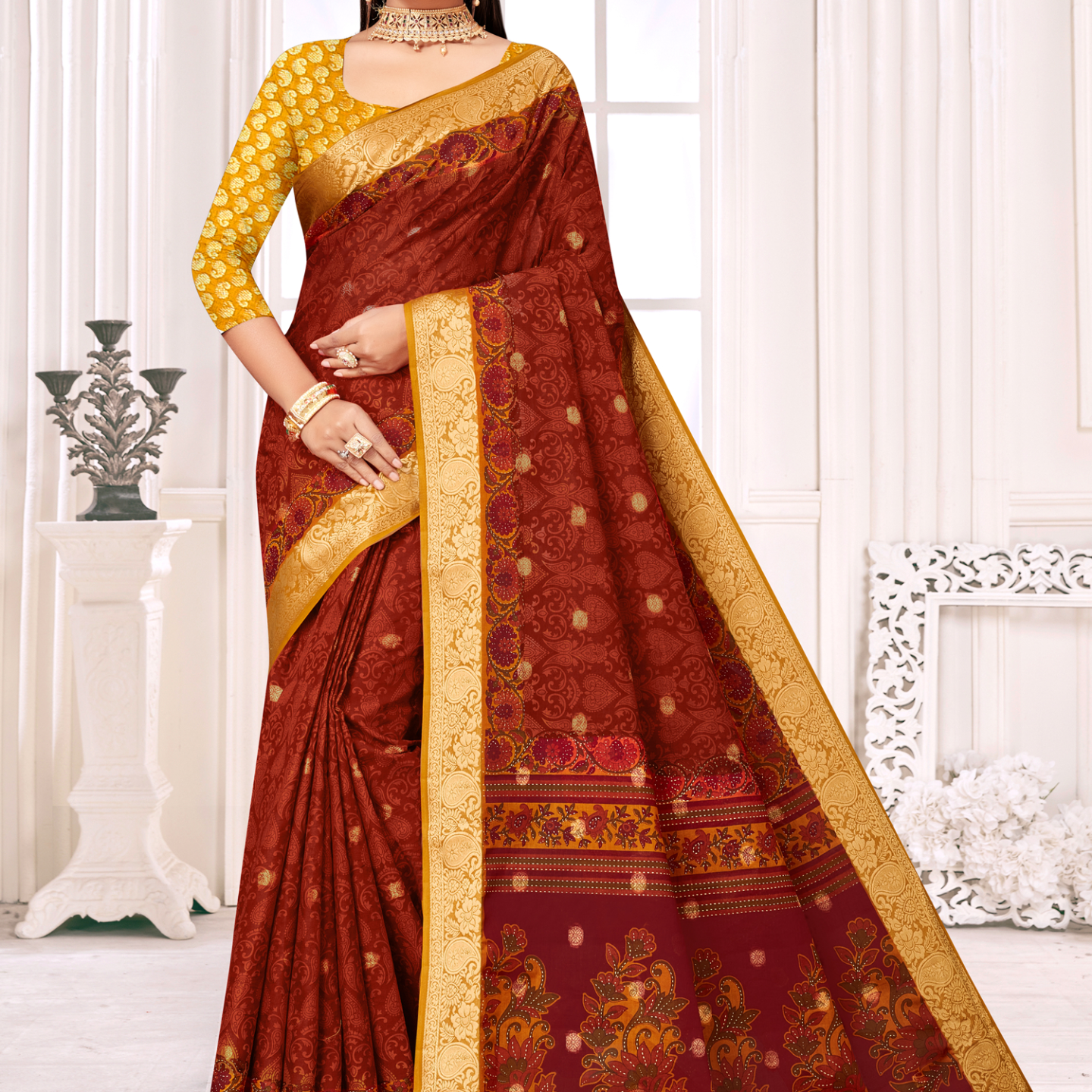 Rust Red and Gold malai saree [sku:KN-66905]