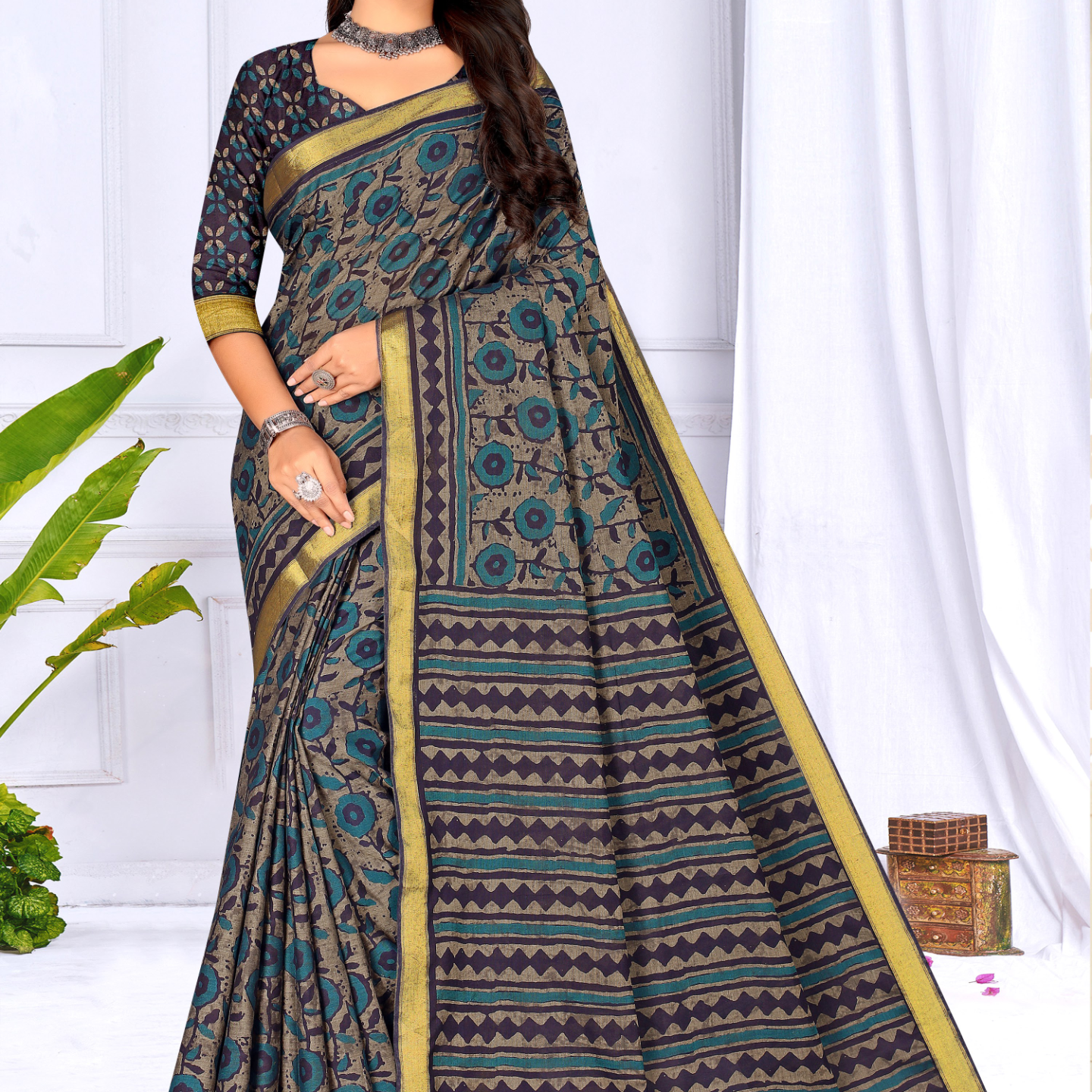 Teal Blue muslin saree [sku:KN-65912]