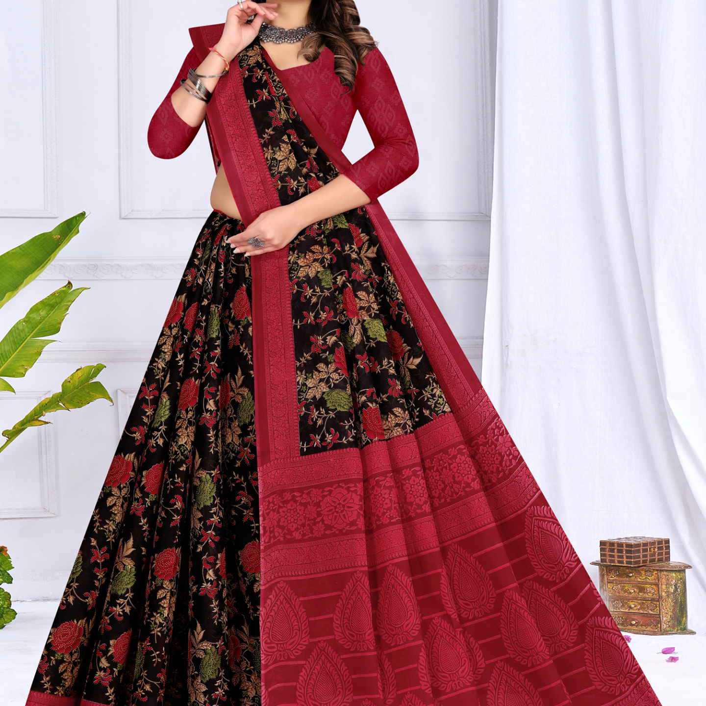 Maroon and Black cotton saree