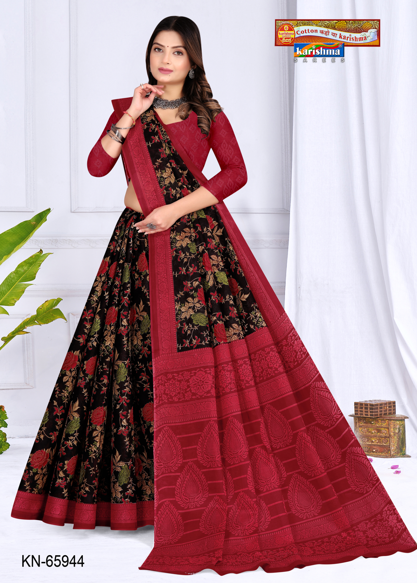 Maroon and Black cotton saree