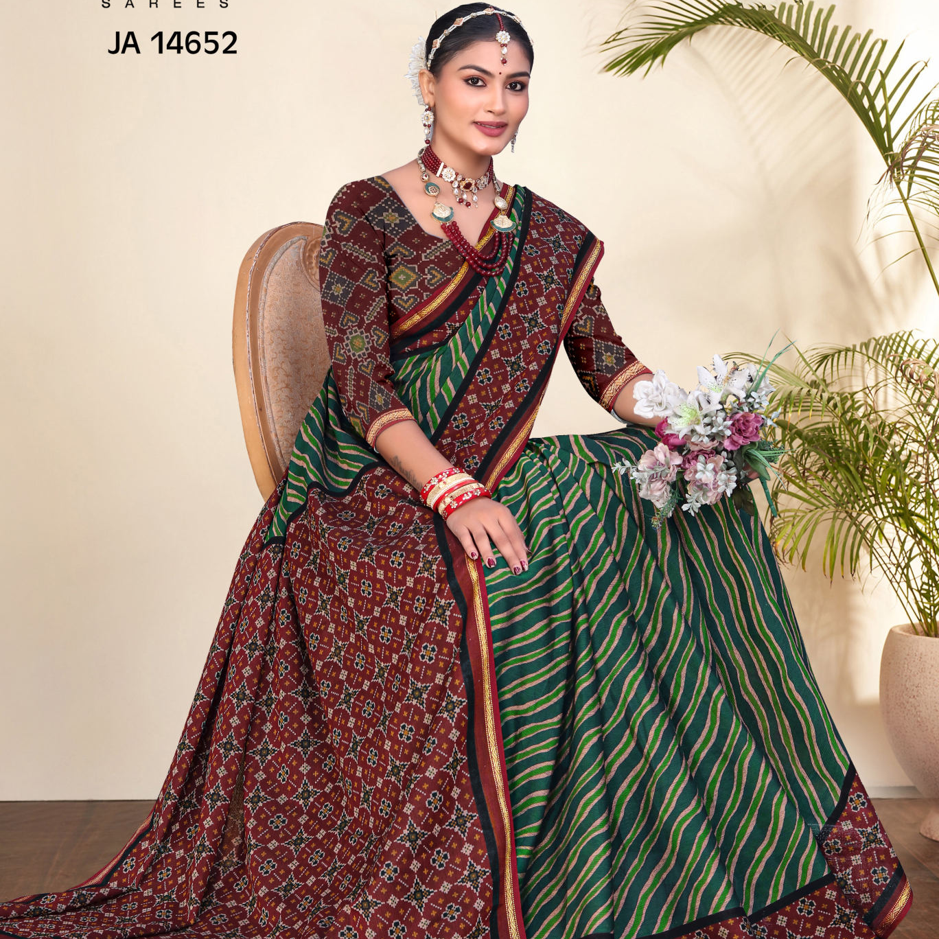 Green & Maroon muslin saree [sku:JA 14652]