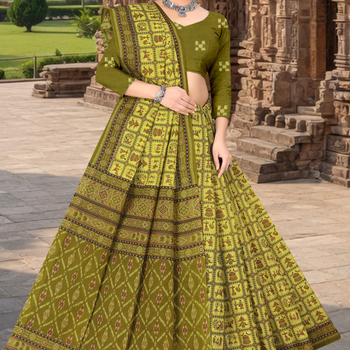 Olive Green cotton saree