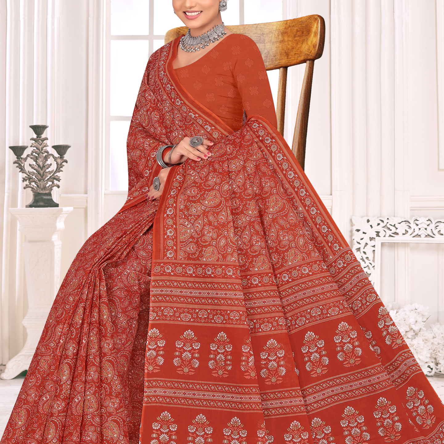 Rust Orange cotton saree [sku:KN-66979]