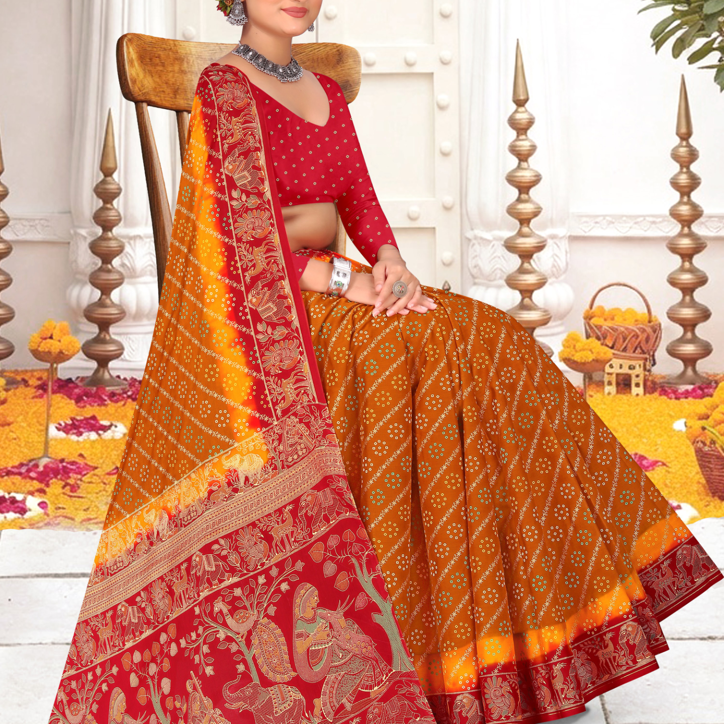 Mustard Yellow and Red malai saree [sku:KN-67905]