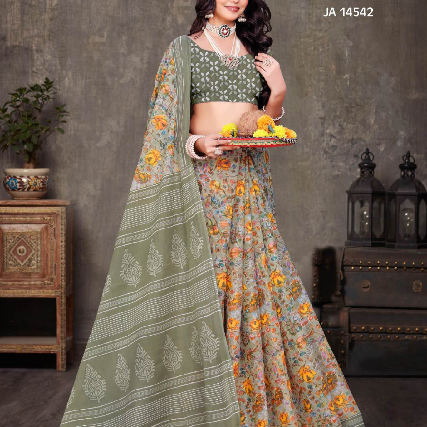 Olive Green soft cotton saree [sku:JA 14542]