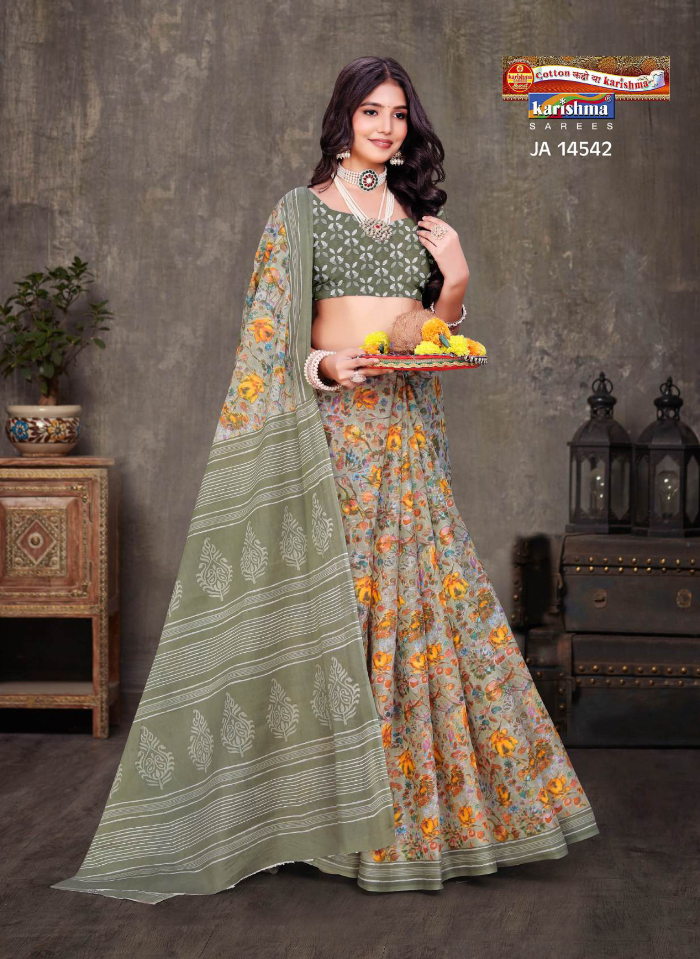 Olive Green soft cotton saree [sku:JA 14542]