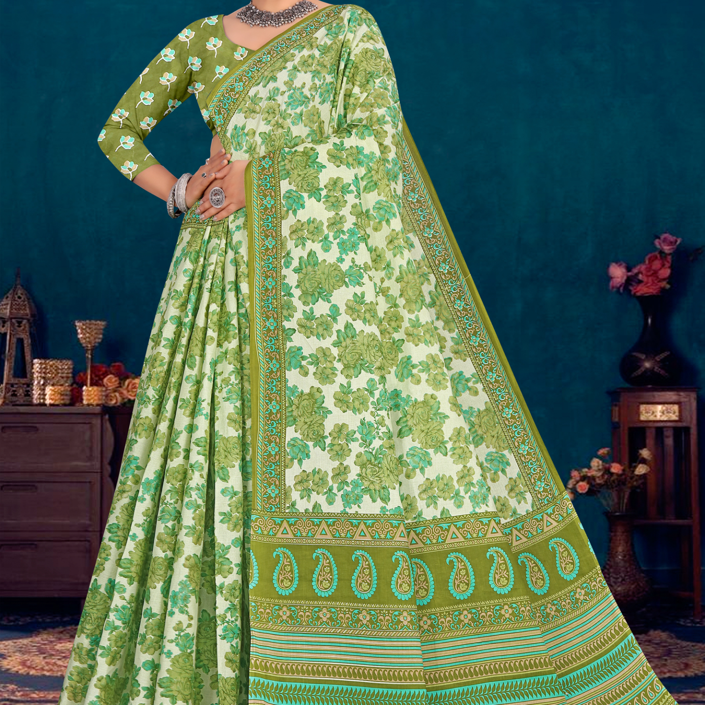 Olive Green cotton saree [sku:KN-66610]
