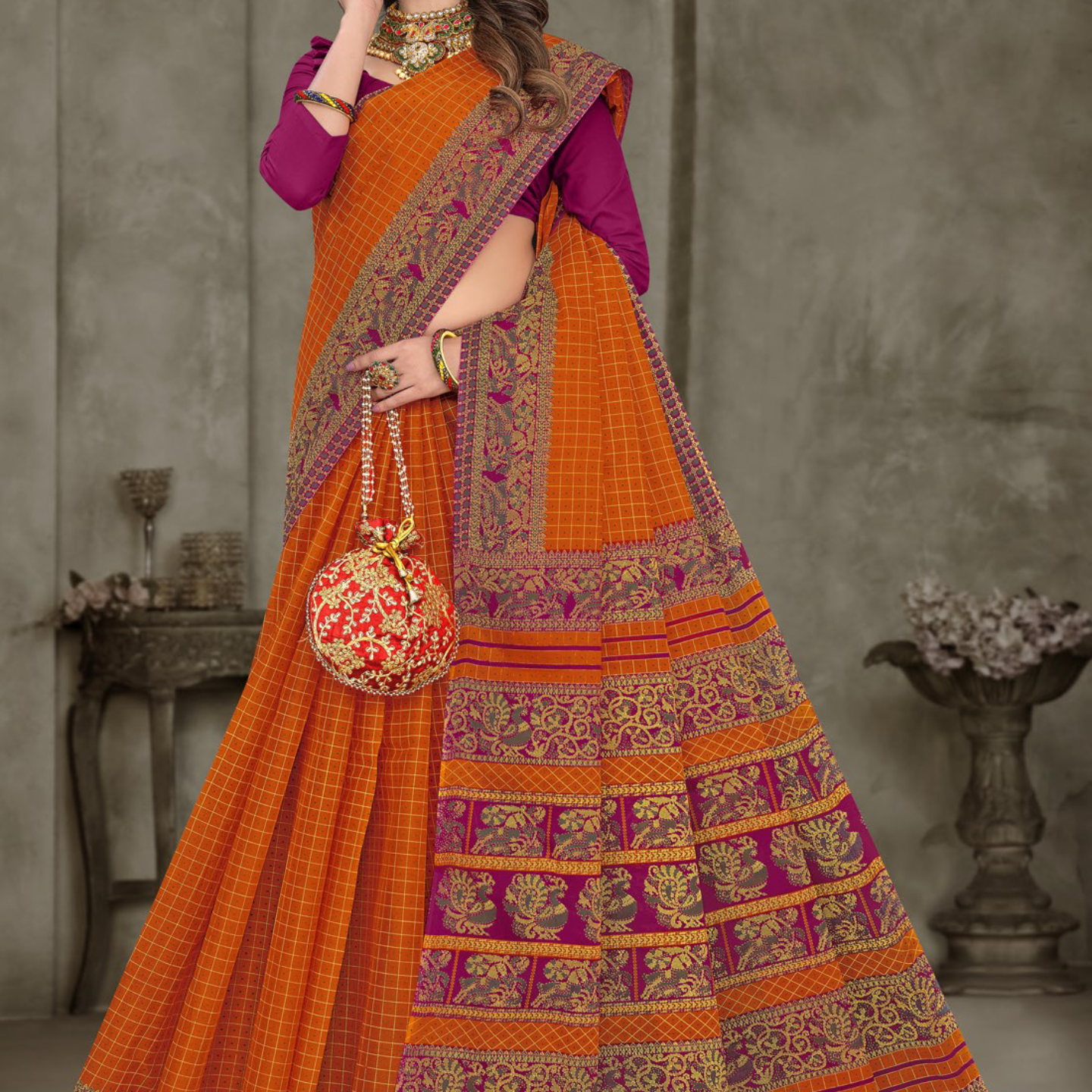 Orange and Magenta cotton saree [sku:BV-24800]