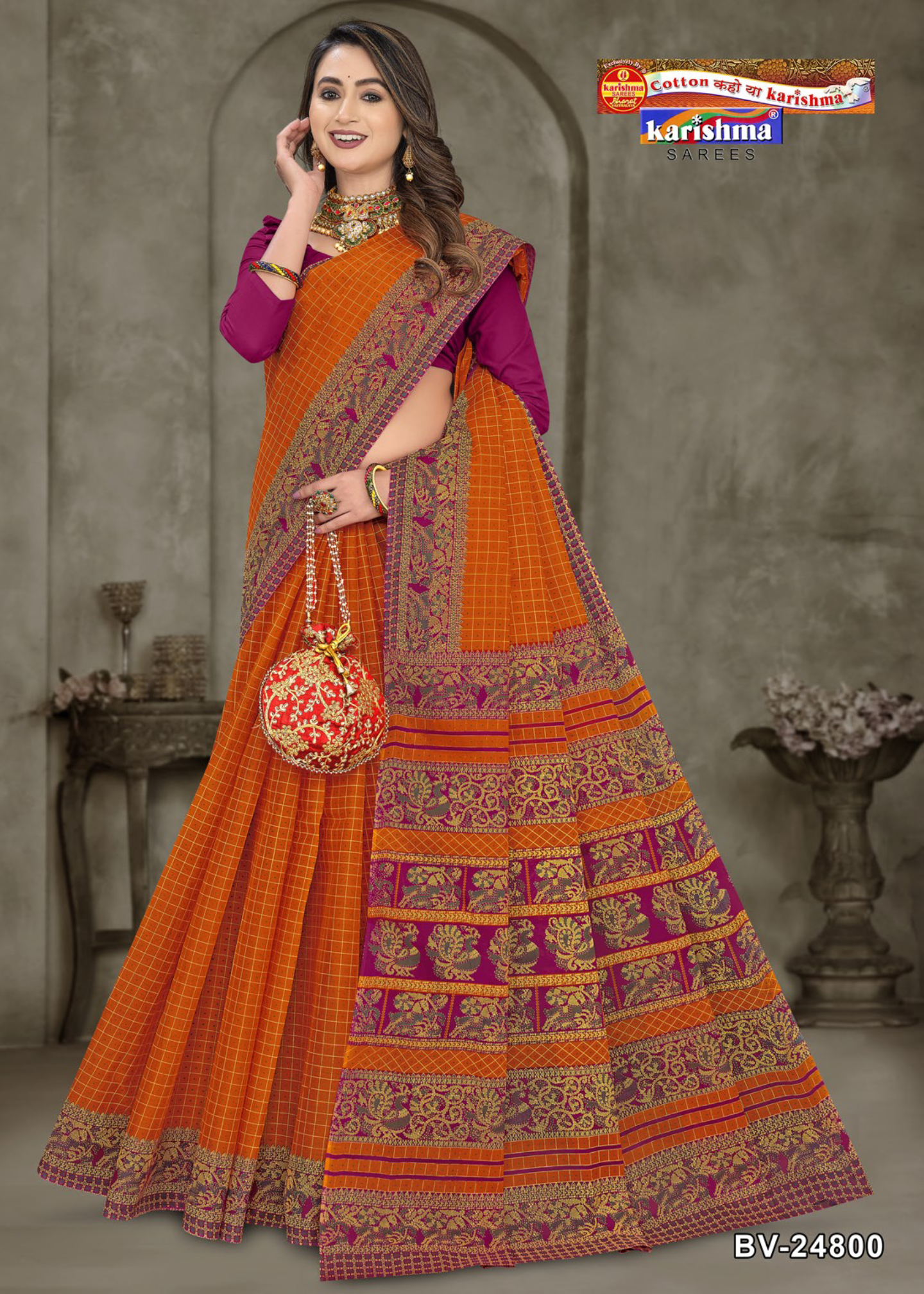 Orange and Magenta cotton saree [sku:BV-24800]