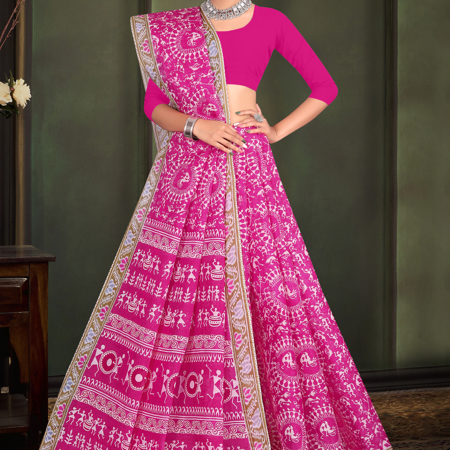 Magenta Pink cotton saree