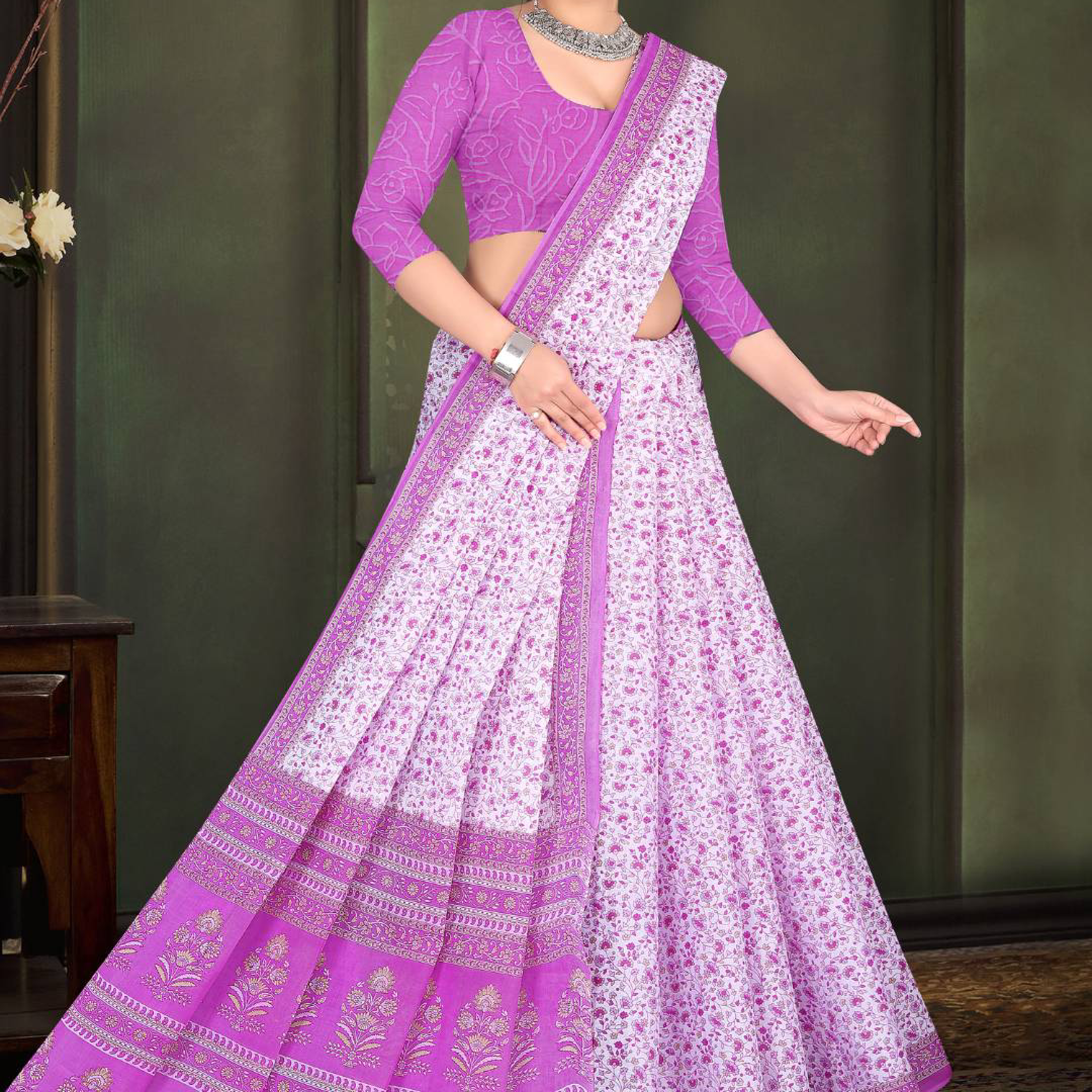 Purple & White cotton saree