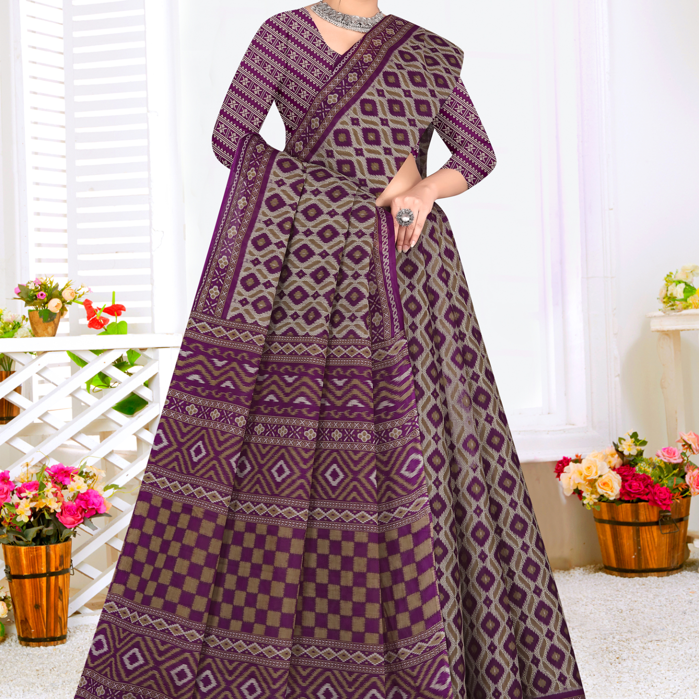 Purple & Grey cotton saree [sku:KN-67246]
