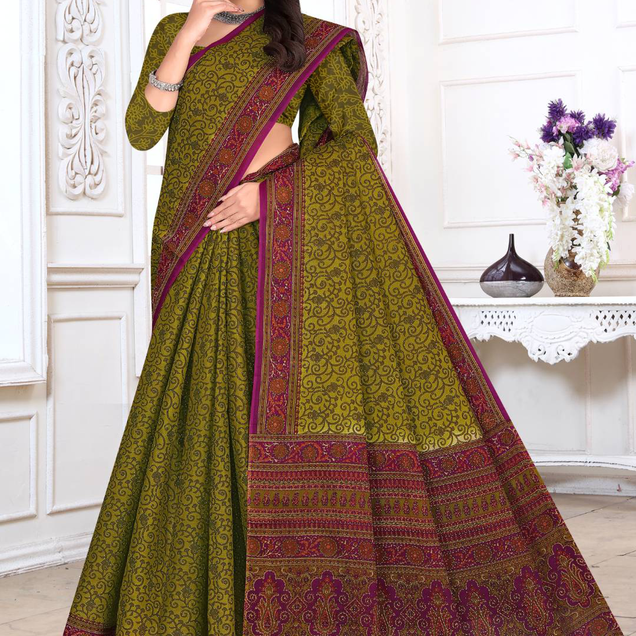 Olive Green cotton saree [sku:KN-67662]