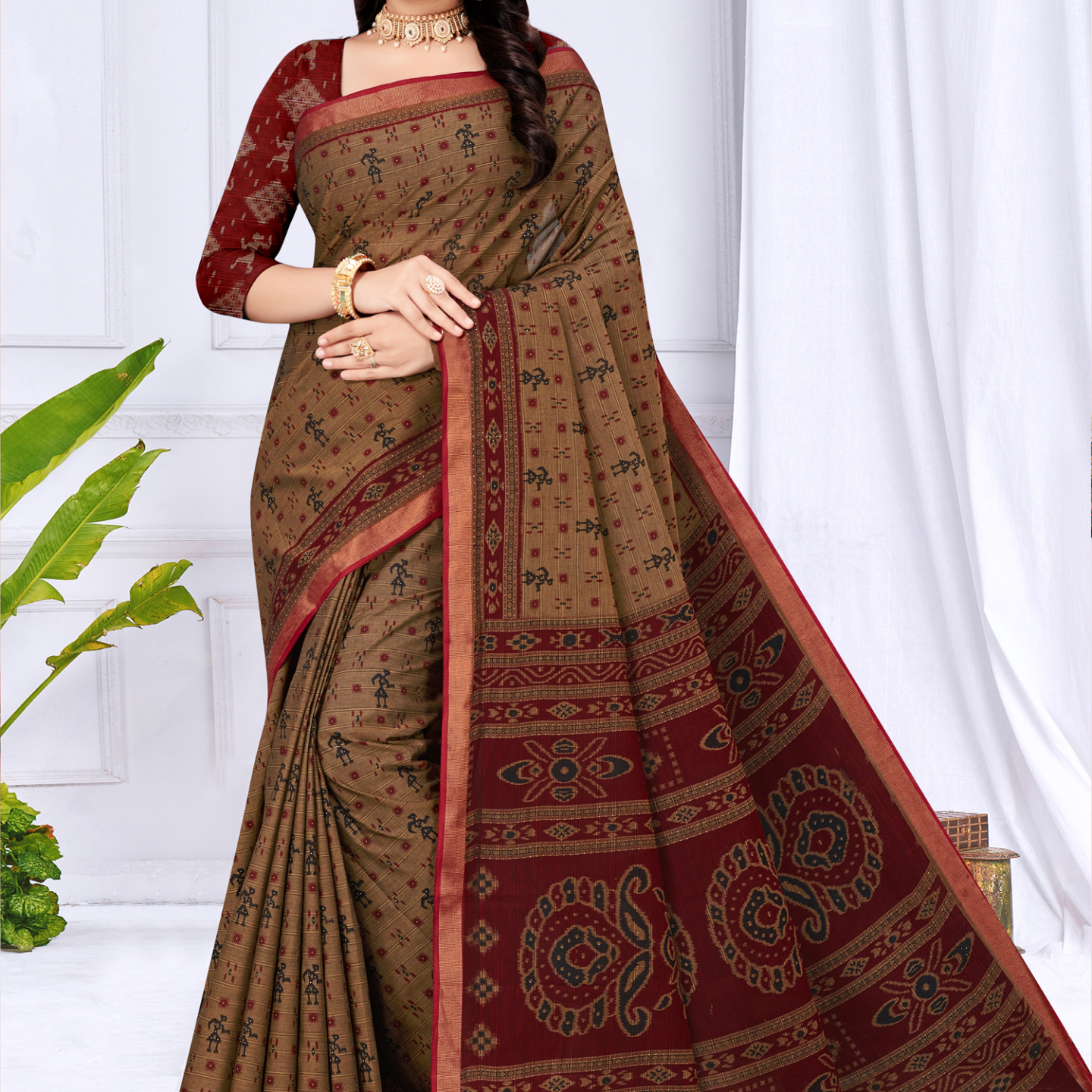Brown & Maroon muslin saree