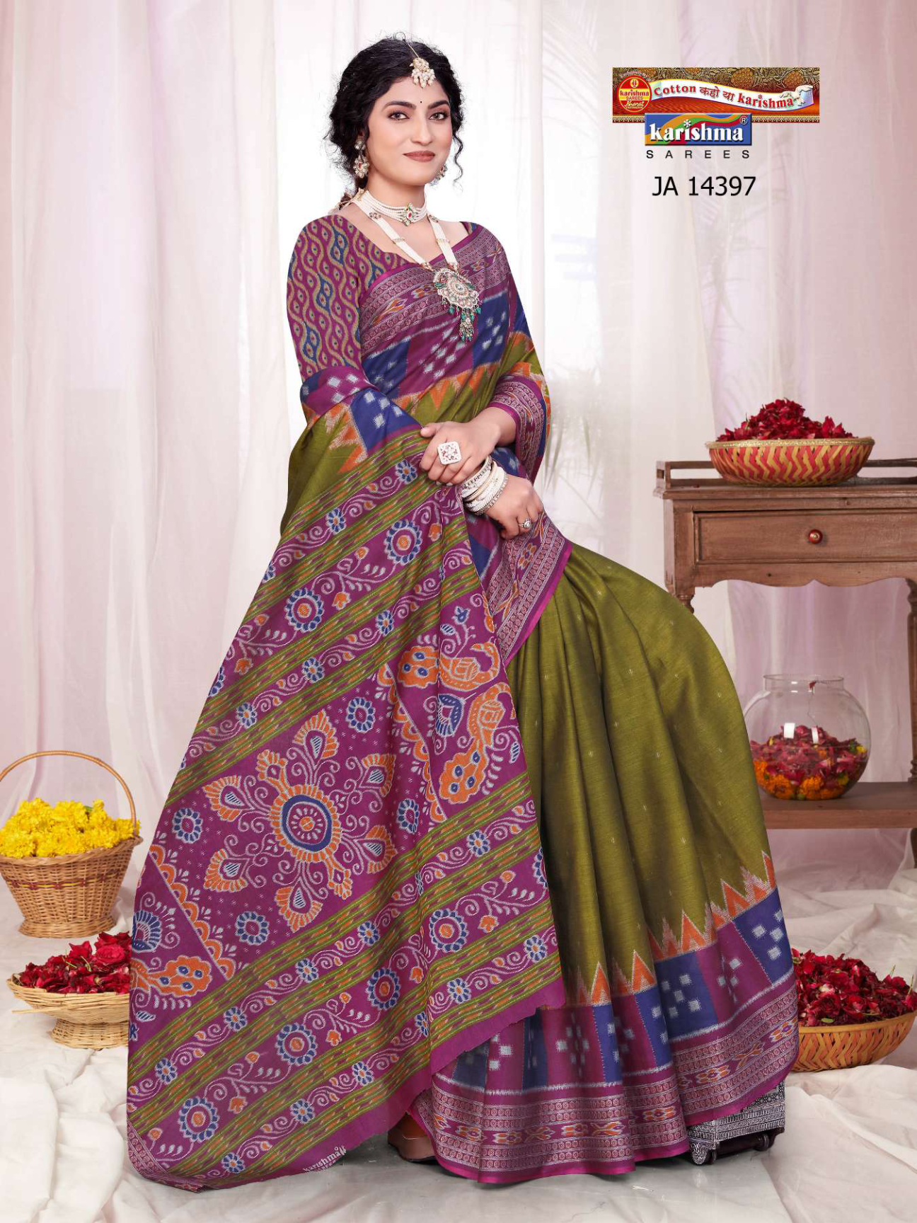 Olive Green & Purple muslin saree