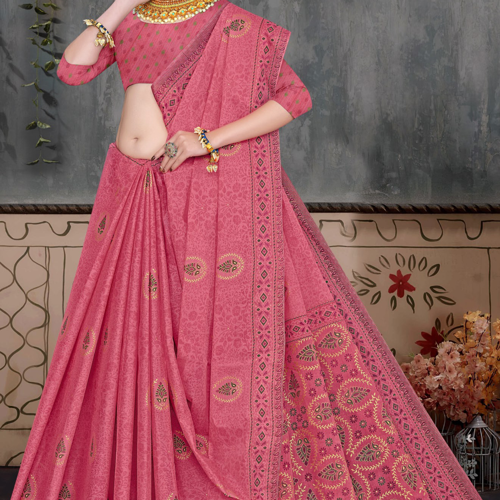 Onion Pink cotton saree [sku:BV-18646]