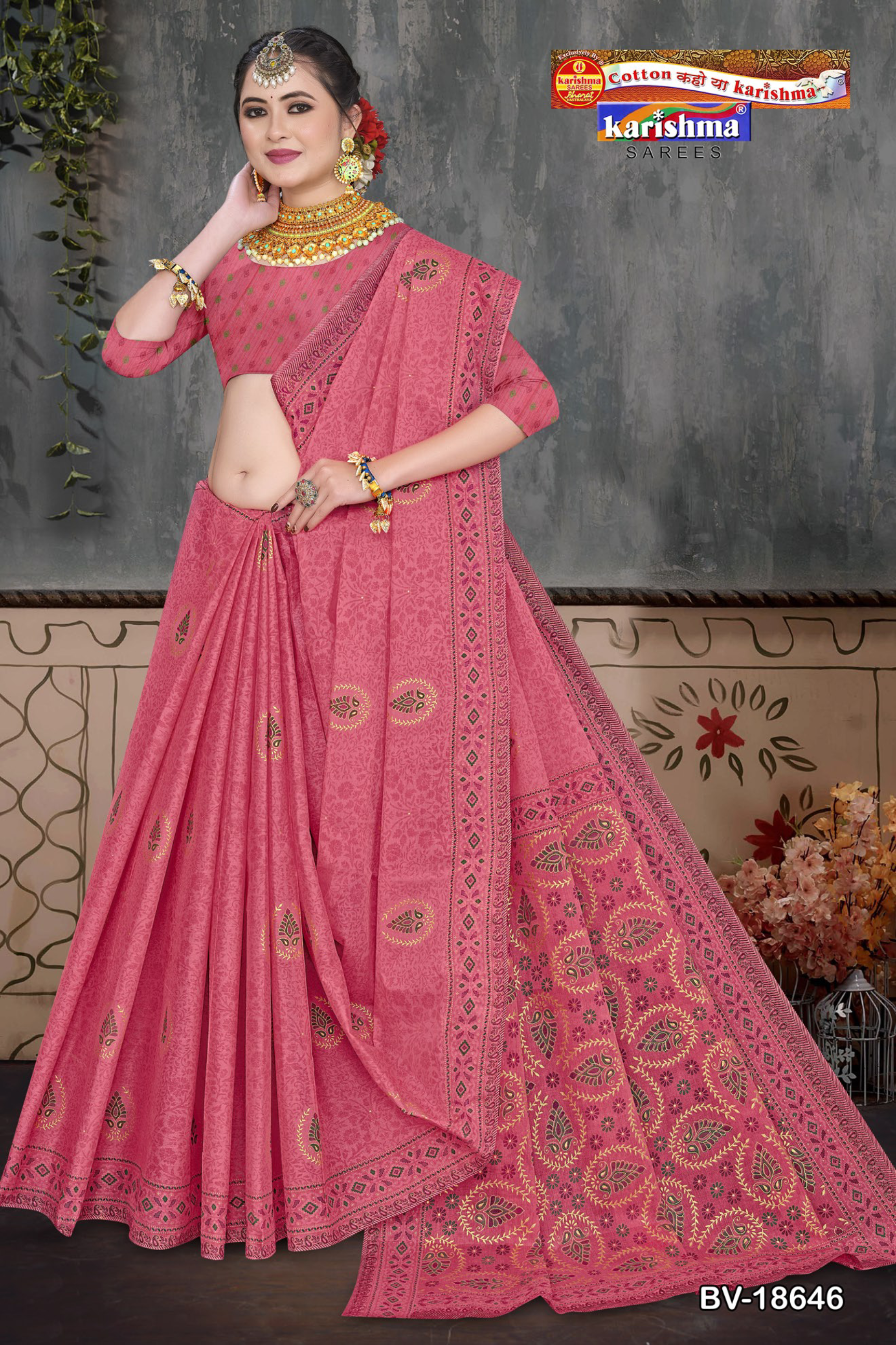 Onion Pink cotton saree [sku:BV-18646]
