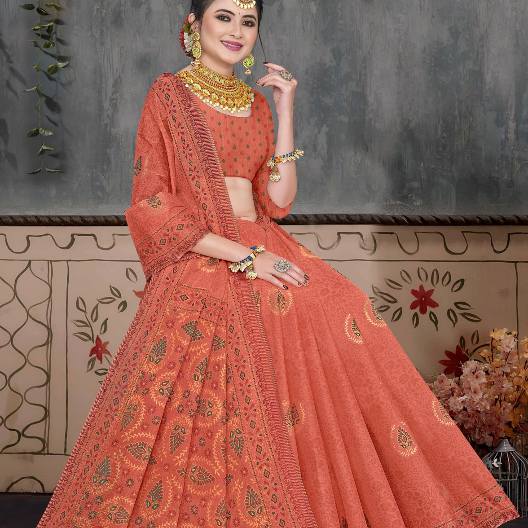 Rust Orange cotton saree [sku:BV-18648]