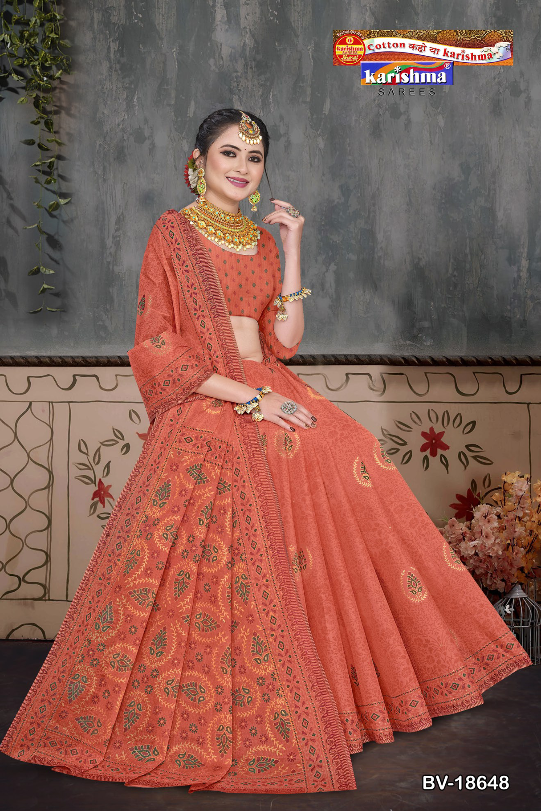 Rust Orange cotton saree [sku:BV-18648]