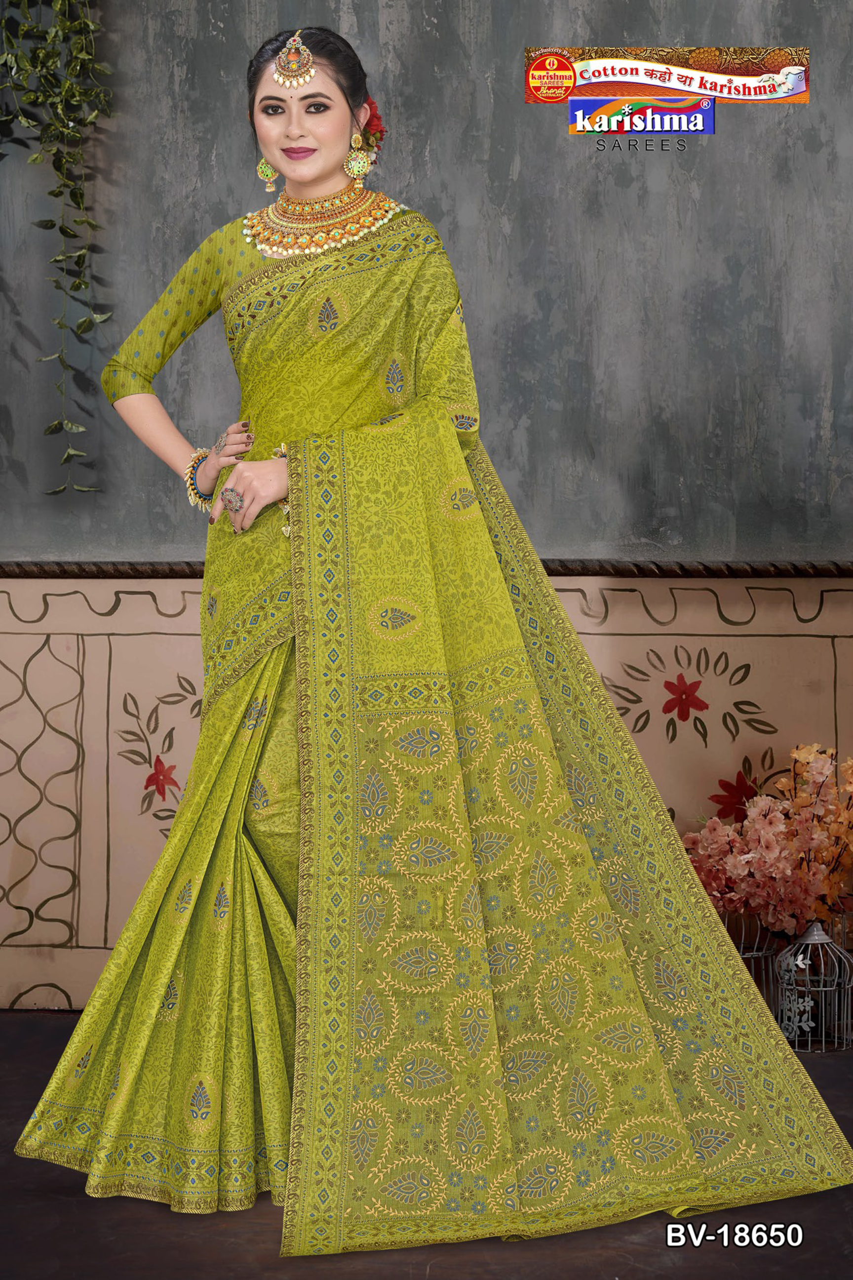 Olive Green cotton saree [sku:BV-18650]