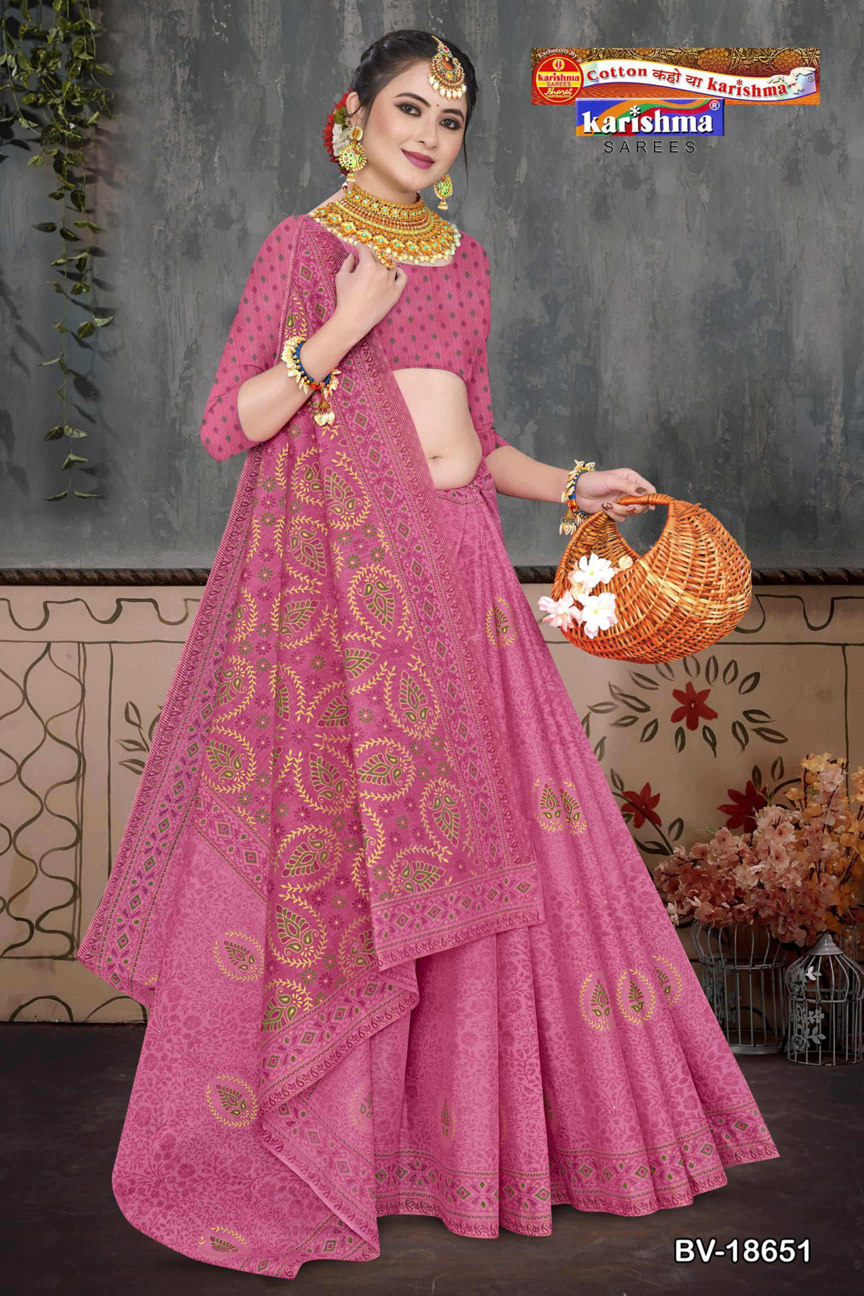 Rose Pink cotton saree [sku:BV-18651]