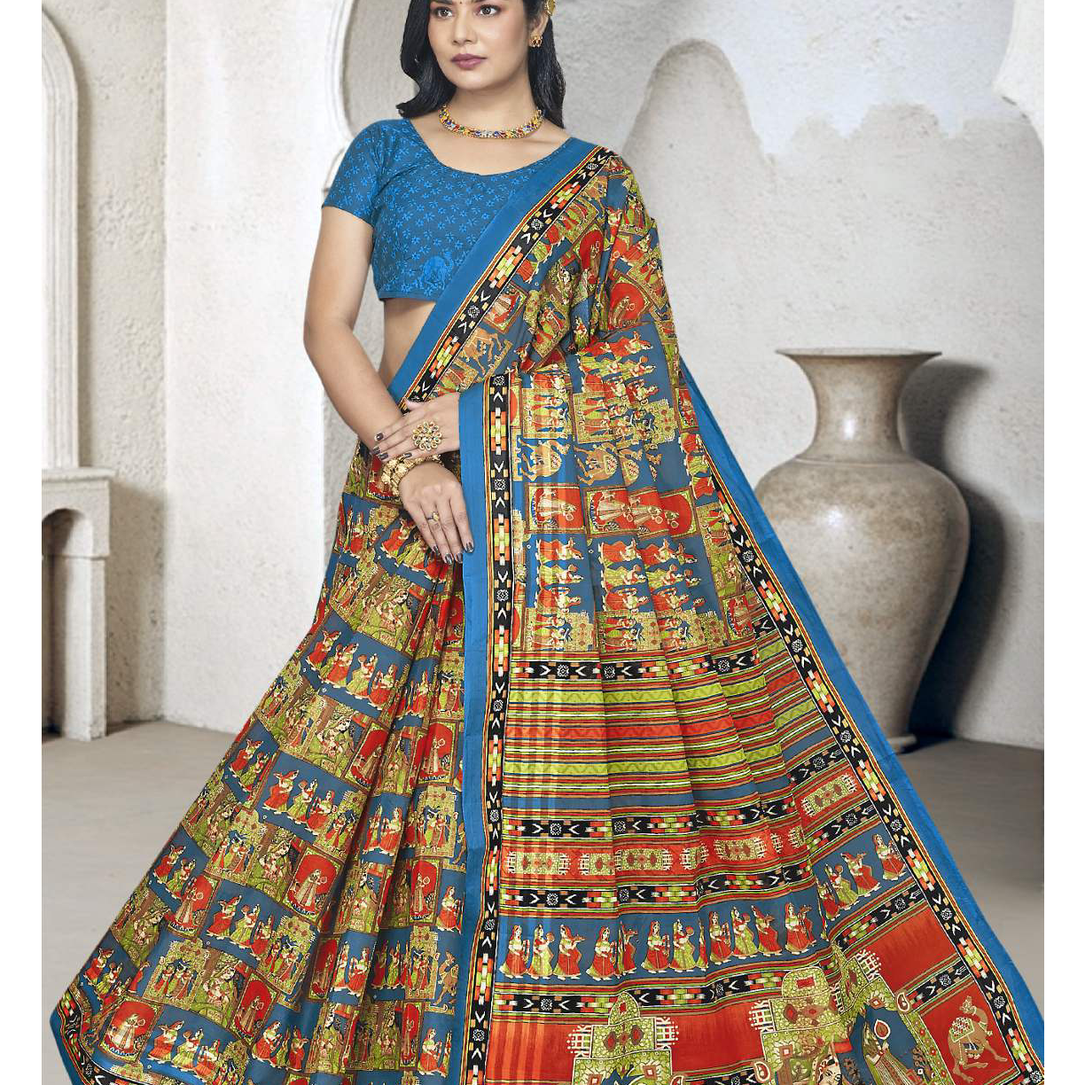 Blue & Red cotton saree [sku:D.NO. 59532]