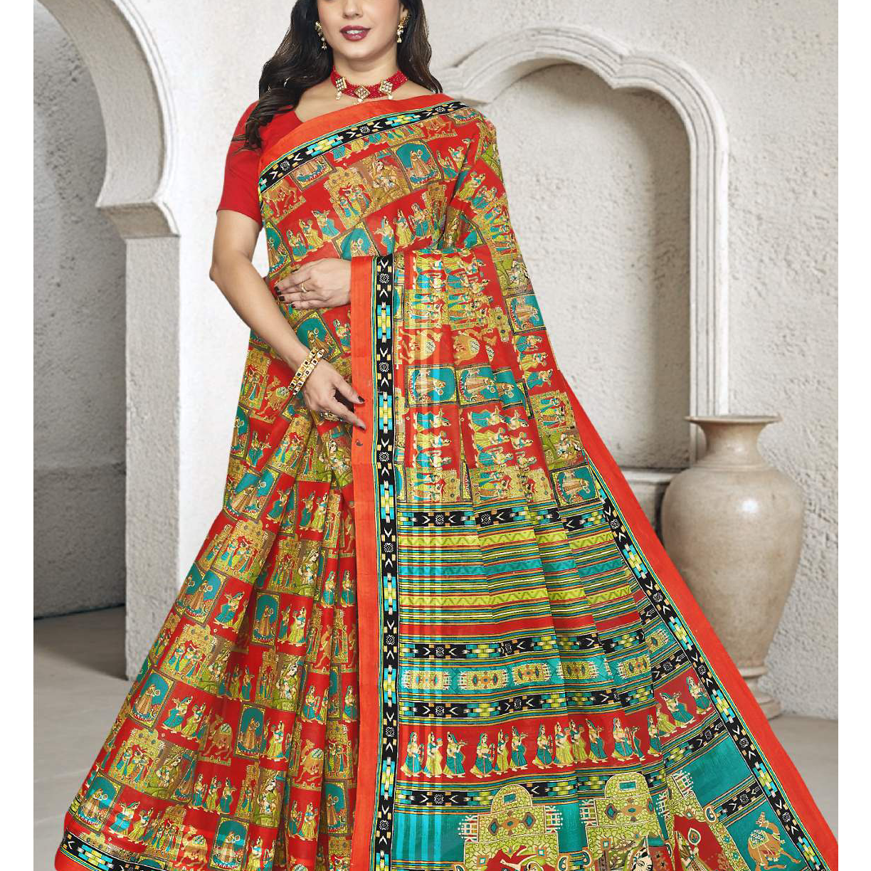 Red & Teal cotton saree [sku:D.NO. 59533]