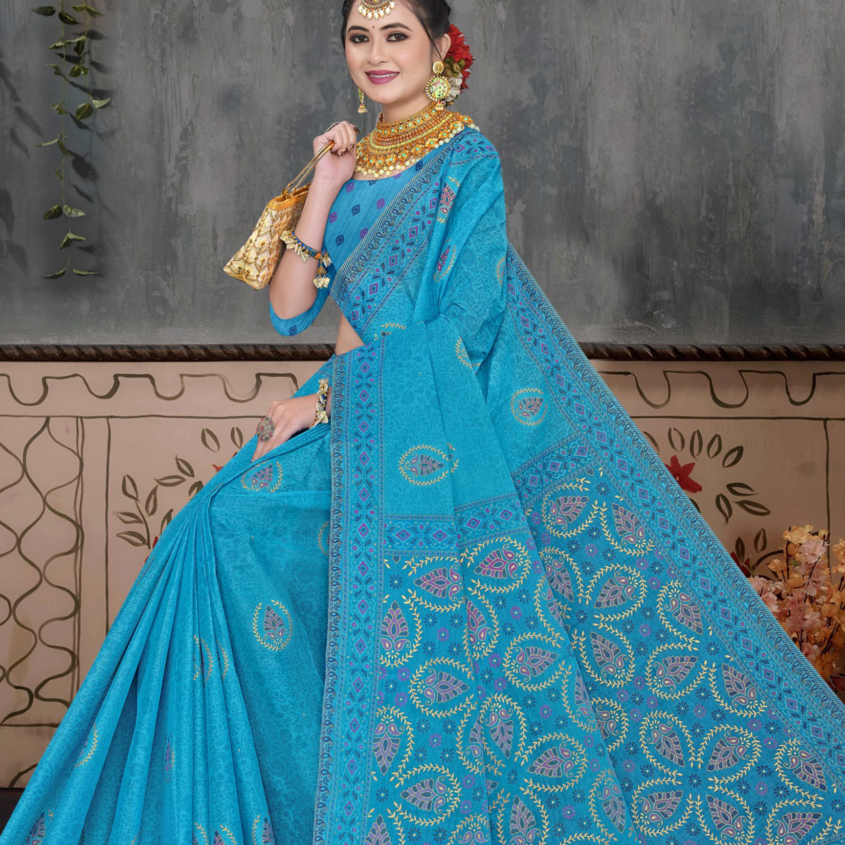 Sky Blue cotton saree [sku:BV-18652]