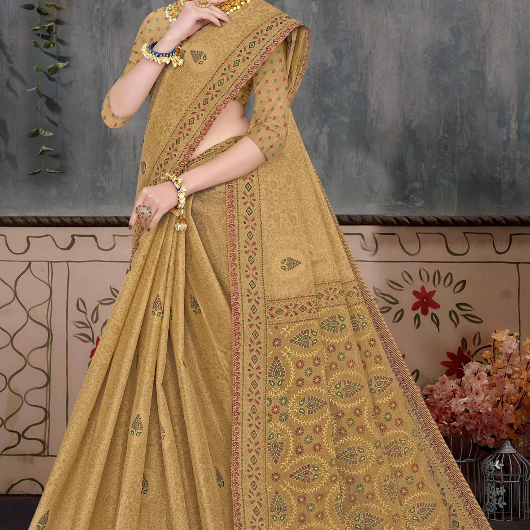 Beige cotton saree [sku:BV-18653]